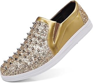 Trsorini Men's Glitter Spikes Loafers Sparkly Shiny Light-up Shoes Metal Rivet Soft Sneakers Male Shoes