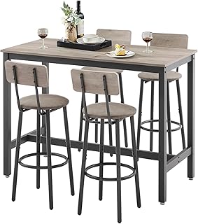 5-Piece Dining Table Set for 4, Modern Bar Table and Chairs Set for Small Space Kitchen Wooden Rectangular Dinette Set with PU Padded Chairs Metal Frame for Apartment Breakfast Nook, Grey