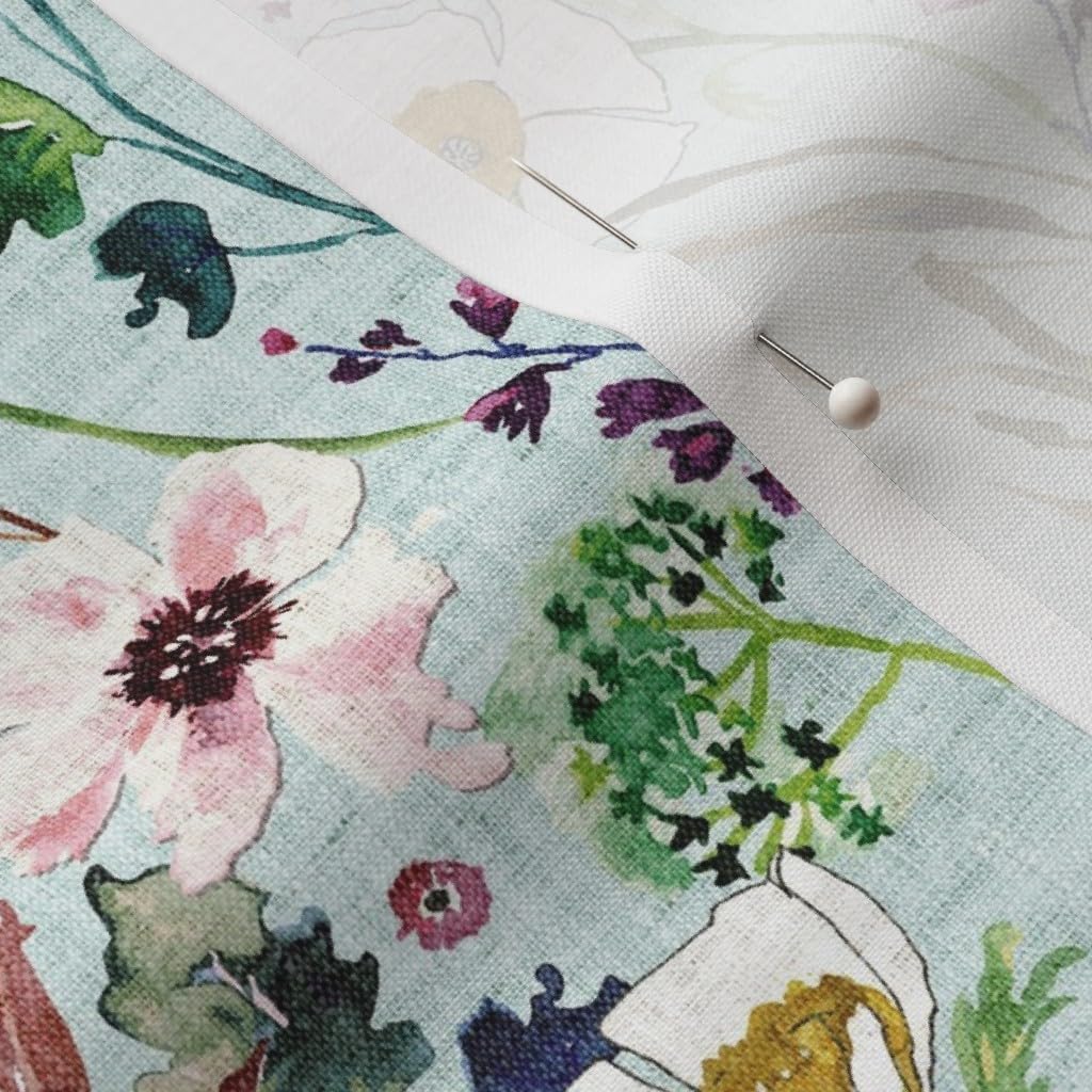 Spoonflower Fabric - Painted Wildflowers Wedding Woven Look Mint Green Blue Duck Egg Printed on Petal Signature Cotton Fabric by The Yard - Sewing Quilting Apparel Crafts Decor