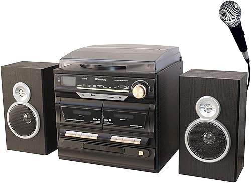 TechPlay Karaoke habilitado, 30 W RMS, tocadiscos clásicos retro, NFC Bluetooth, reproductor de cassettegrabador doble, reproductor de CD MP3,