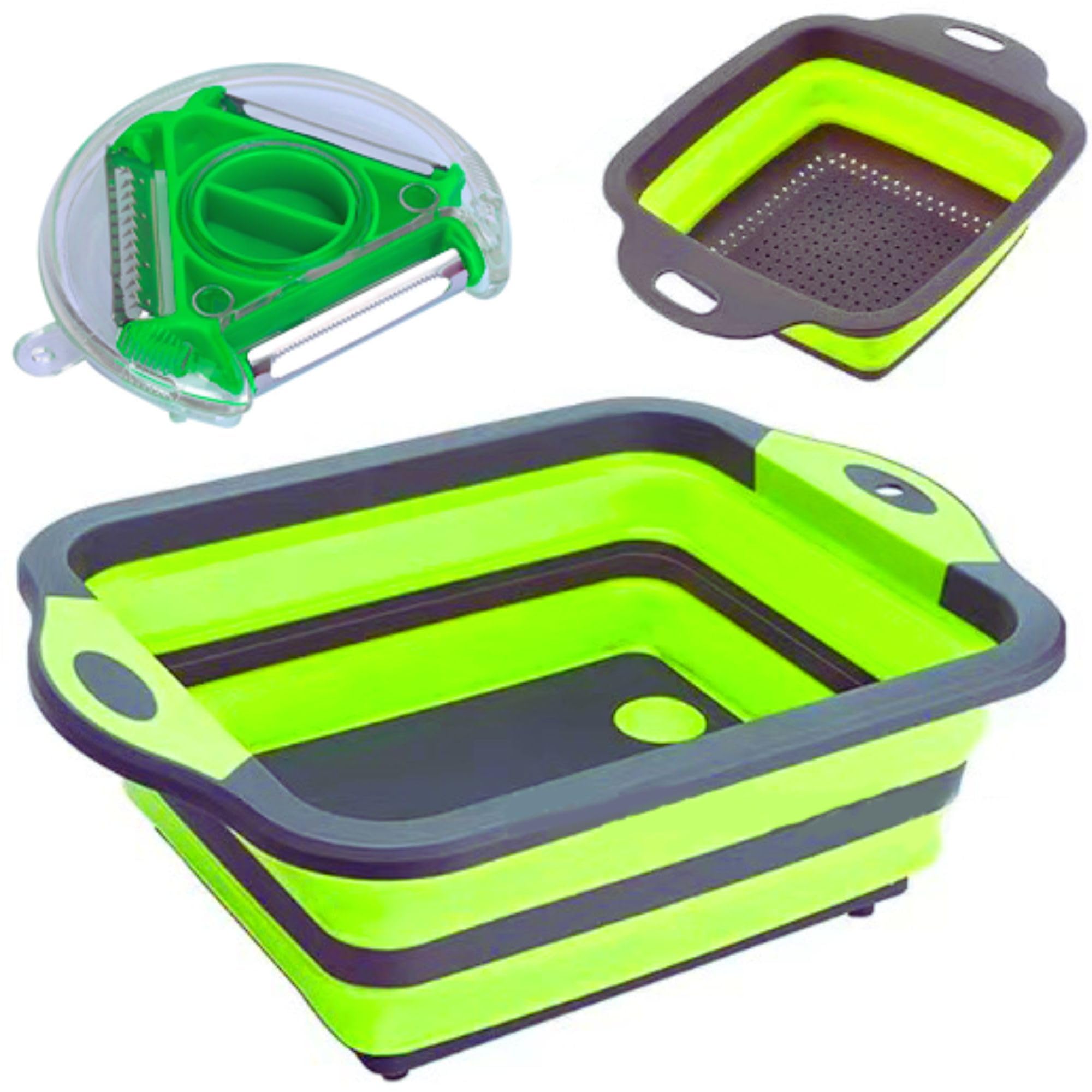 Collapsible Cutting Board 3-in-1 – Multifunctional Foldable Silicone Board with Washing Basket, Colander & Peeler, Perfect for BBQ, Picnic, and