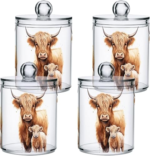 Paquete de 4 dispensadores de soporte Qtip con tapas, contenedores de almacenamiento de plástico de vaca Highland, organizador de recipientes de