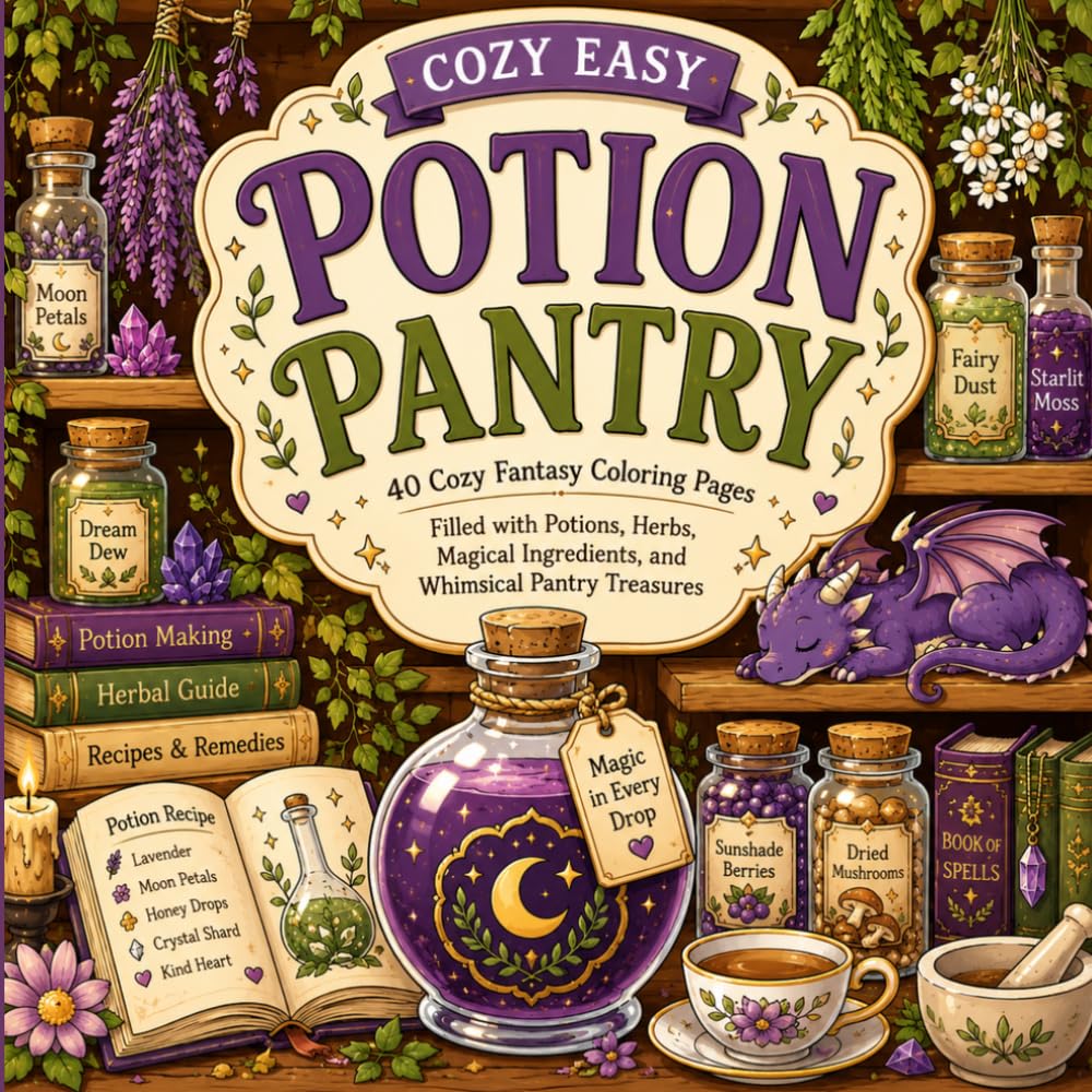 Cozy Easy Potion Pantry: 40 Magical Coloring Pages Filled with Potions, Herbs, Crystals, Mushrooms, Dragons, and Enchanted Pantry Treasures