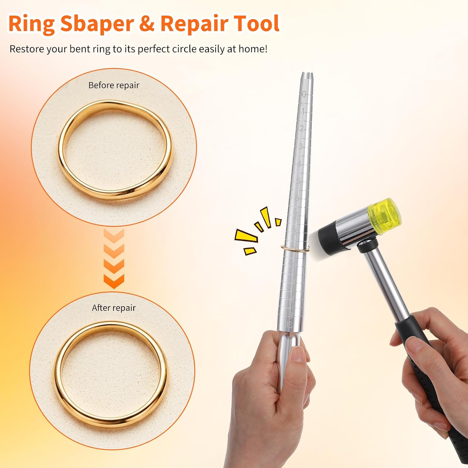 3Pcs Ring Mandrel and Bracelet Mandrel Sizer Set, Stainless Steel Ring Sizer Measuring Tool with Rubber Mallet for Jewelry Making, Repairing Rings and Bracelets