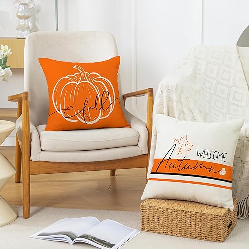 Miniatura 13 de Juego de 4 fundas de almohada de calabaza de otoño de 18 x 18 pulgadas, decoración de otoño, a rayas, para Acción de Gracias, casa de campo, 18 x 18