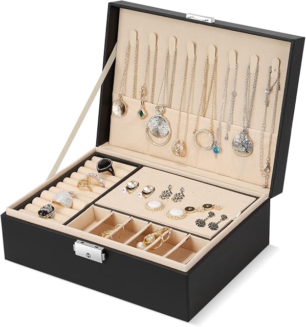 Hossejoy Jewellery Box Organiser, 2-Layer Lockable Jewellery Case Holder, PU Leather Jewellery Storage Display with Necklace Hangers Removable Dividers, for Necklace Earrings Rings Bracelets, Black