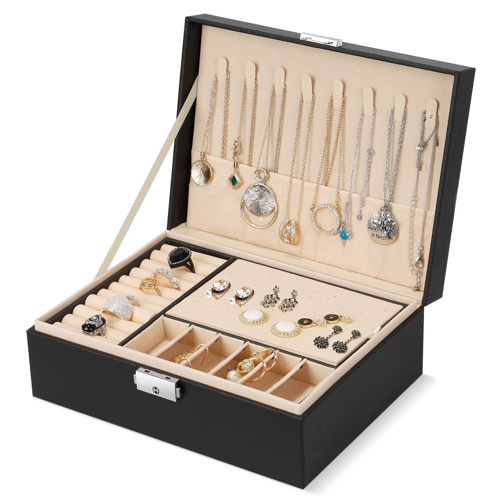 Hossejoy Jewellery Box Organiser, 2-Layer Lockable Jewellery Case Holder, PU Leather Jewellery Storage Display with Necklace Hangers Removable Dividers, for Necklace Earrings Rings Bracelets