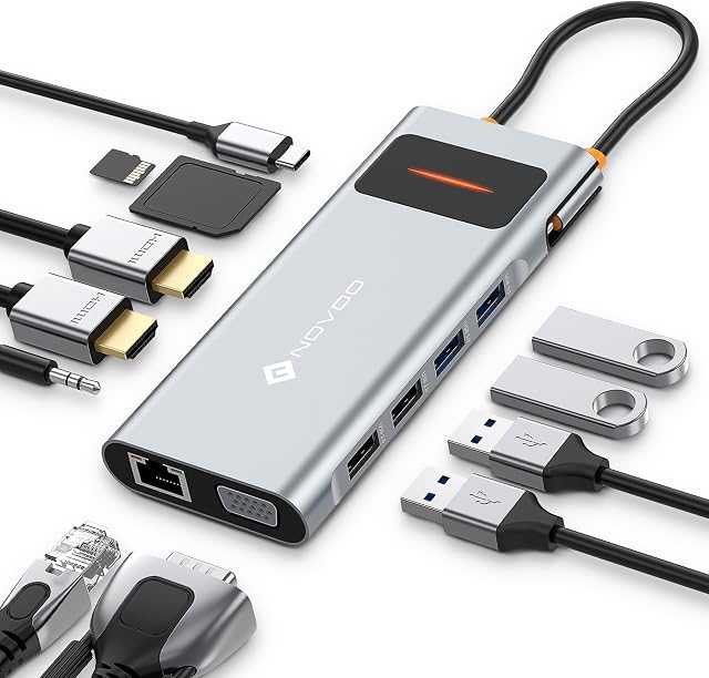 Stacja dokująca NOVOO z podwójnym monitorem, 12 w 1 stacja dokująca USB C do Dual HDMI, VGA, 100W PD, RJ45 Ethernet, 4 USB, SD/TF Hub USBC dla MacBook Pro Air Dell Lenovo