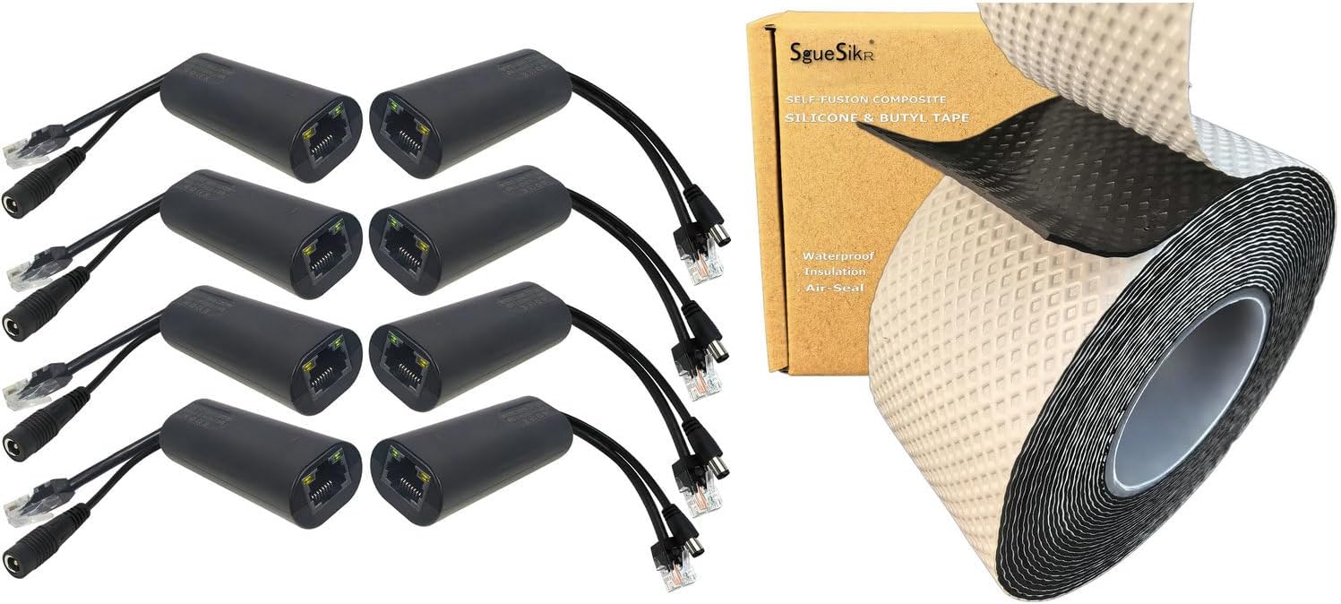 4-Pair Gigabit PoE Injector Splitter Kit and Waterproof Self-Fusion Butyl Tape Bundle