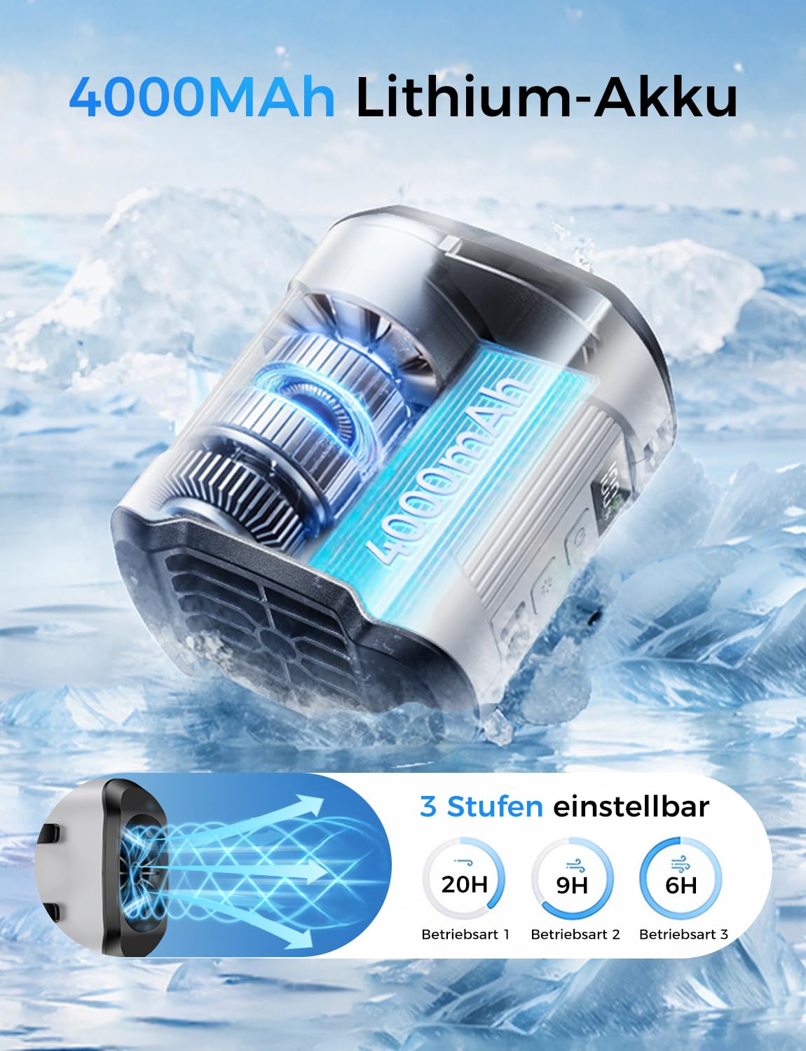 MAGIC JOHN Ventilatore a vita sospesa, con clip a vita portatile, 3 velocità, ricaricabile, con batteria da 4000 mAh, per campeggio, attività all'aperto (grigio)