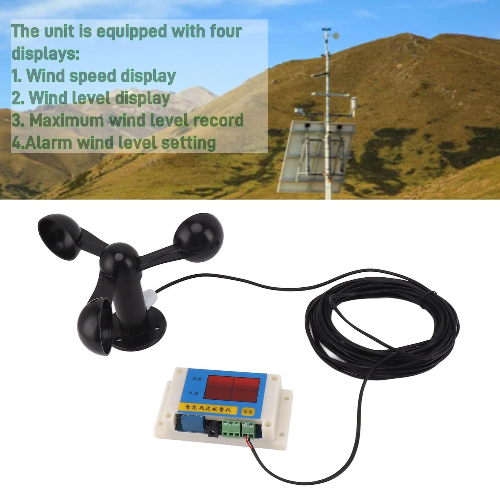 Topyond Sensore di velocità del Vento Anemometro, Dispositivo di Allarme della velocità del Vento, Ventilatore Anemometro per Gru a Torre USB 5V ad Alta Precisione per Serra Stazione Meteorologica