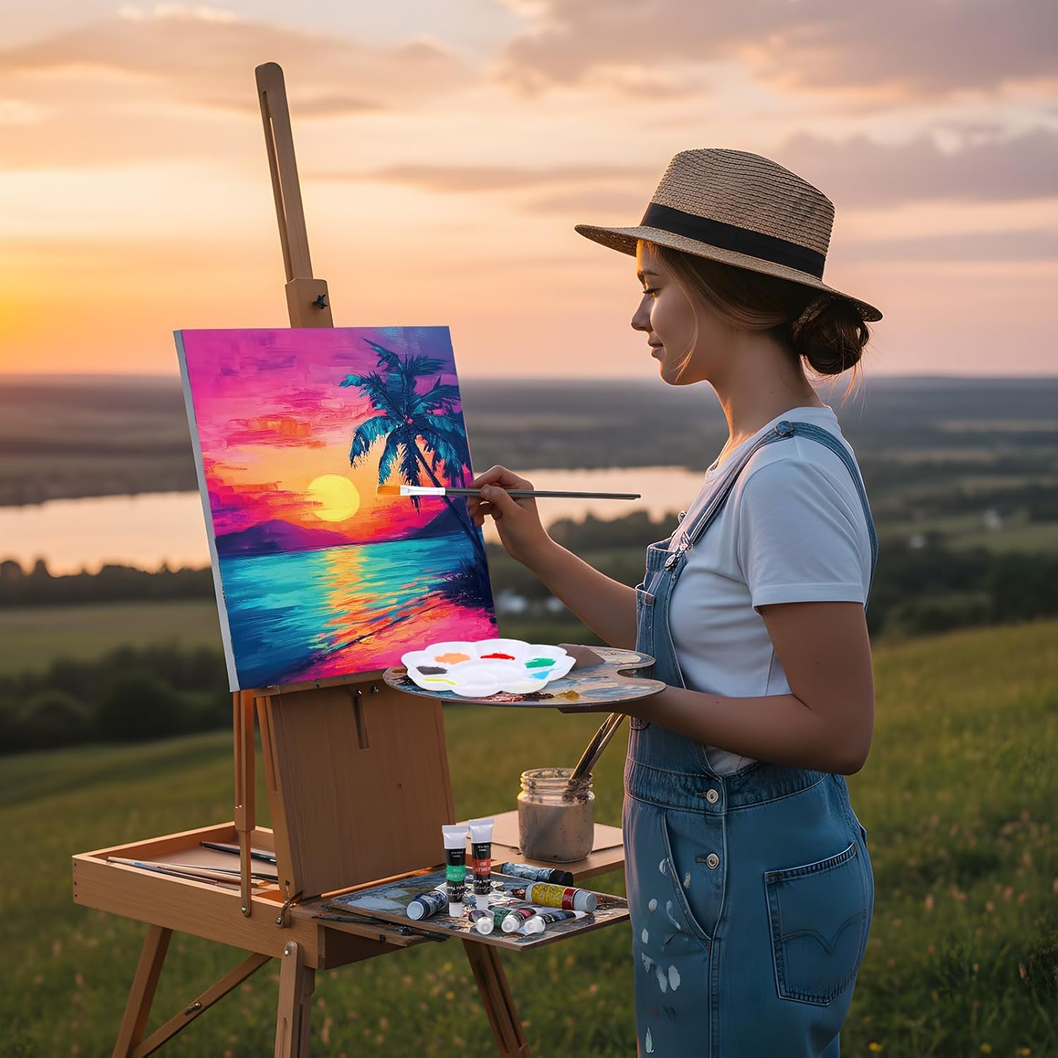 Cholemy 36 Pcs Paint and Sip Kit for Adults 8''x10'' Pre Drawn Canvas for Painting DIY Afro Acrylic Painting Kit Wood Easel Brushes Date Night Bulk for Mother's Day Party Gifts(Sunset Style)