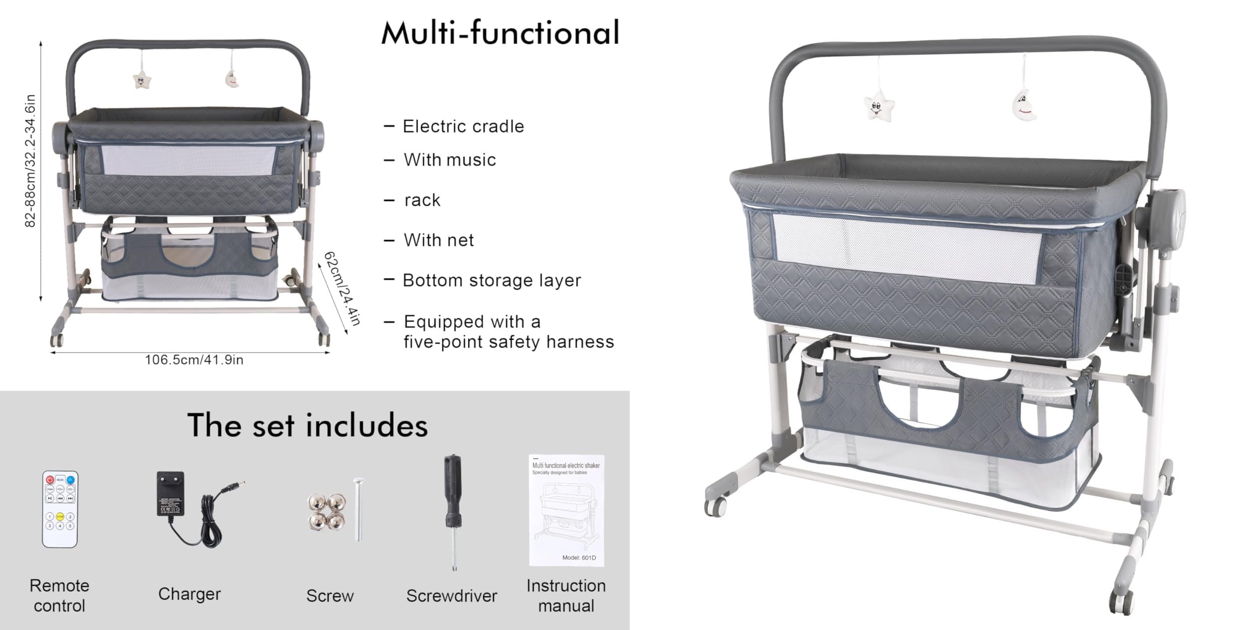 MoLi Eléctrico Bluetooth Inteligente Cuna Colecho Bebe, Cuna Next to me Convertible, 5 Engranajes de Balanceo y Control Remoto, Plegable Colecho Bebe con Colchon, Música (608 Khaki)