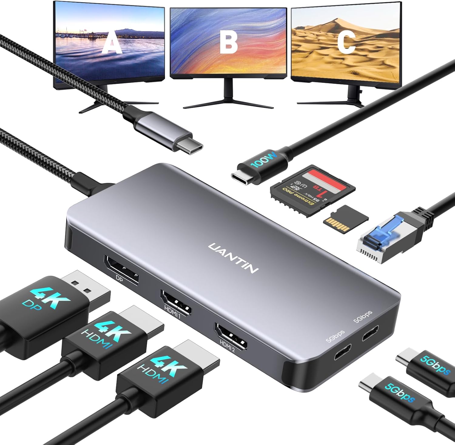 USB C Docking Station Dual Monitor, Laptop Docking Station 3 Monitors Triple 4K 60Hz Display with 2 HDMI, DisplayPort, 1Gbps Ethernet, 100W PD, 2 USB-C Data, USBC Dock for Dell, HP, Lenovo, etc