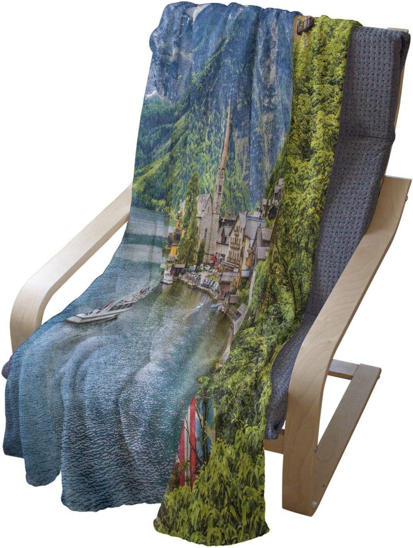 Lunarable Scenery Throw Blanket, Hallstatt Mountain Village Lake Hallstatt in The Austrian Alps Countryside, Flannel Fleece Accent Piece Soft Couch Cover for Adults, 60" x 80", Green and Blue