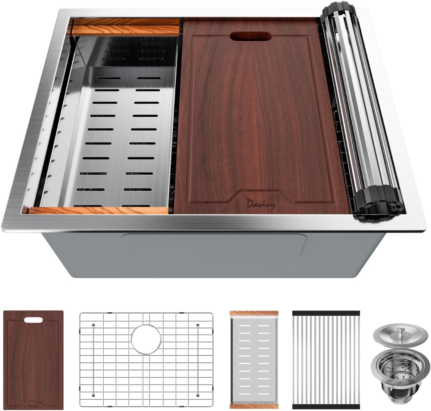 Davivy 24 Inch Kitchen Sink, 24x18.5 Inch Single Bowl Undermount Sink with Single Track, 16 Gauge Stainless Steel Workstation Sink with Multiple Accessories Stainless Steel 24"x18.5"x12"