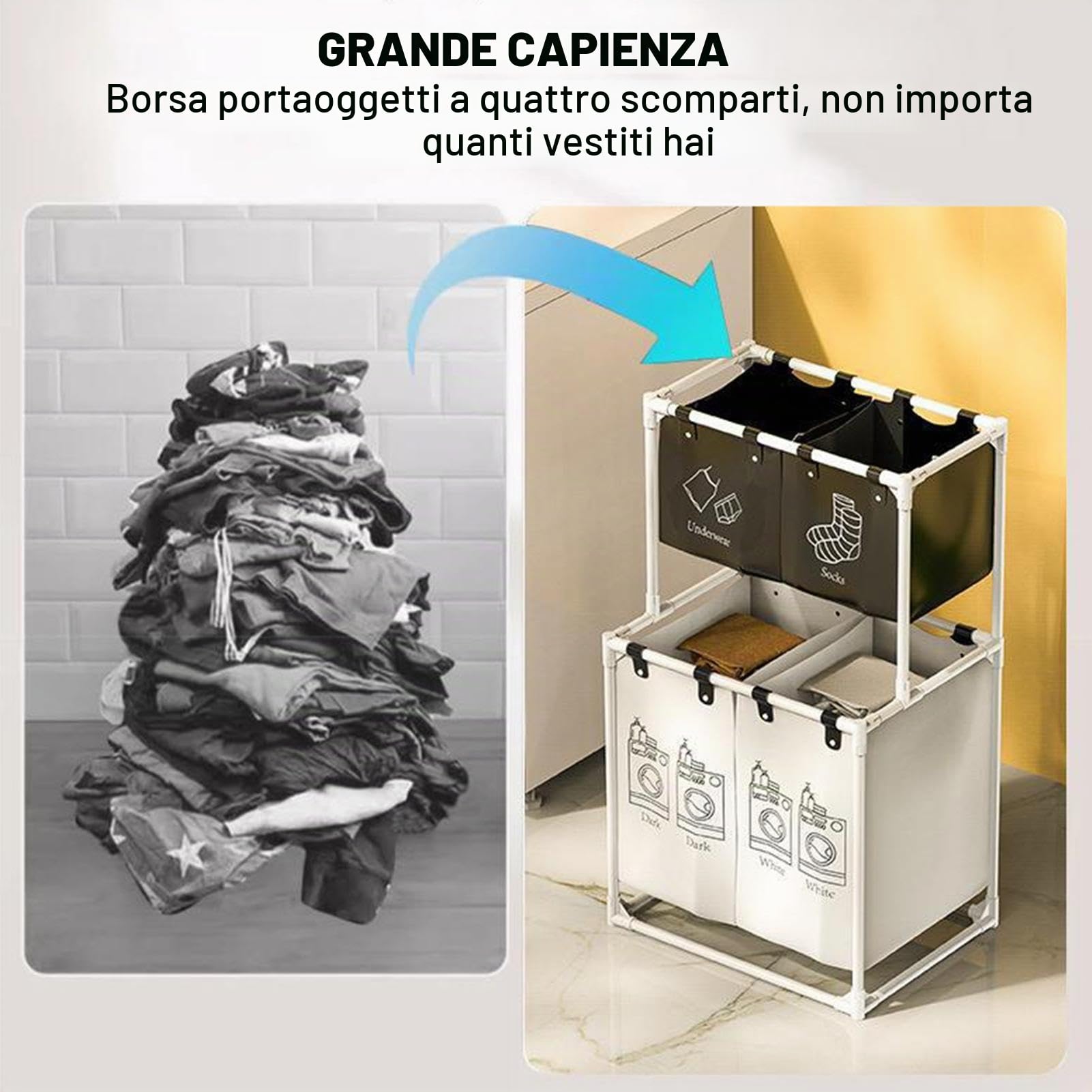Cesto portabiancheria a più scomparti, cesto portabiancheria diviso, alto per la casa, per organizzare la biancheria e per la casa, ideale come regalo