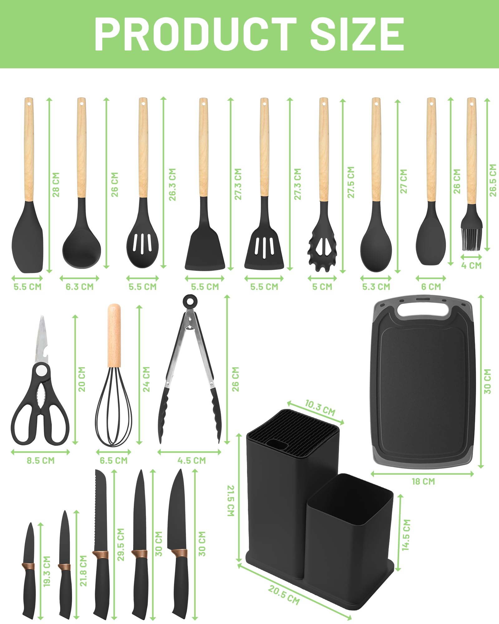 19 Pezzi Set di Coltelli da Cucina - Utensili da Cucina in Silicone con 5 Coltelli per Pentole Antiaderenti, con Scatola di Stoccaggio