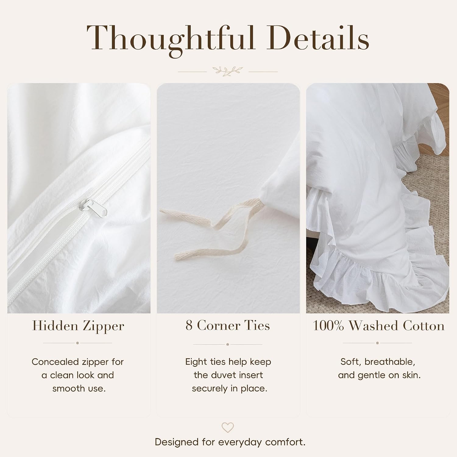 Ruffle Duvet Cover Queen Size: 100% Washed Cotton Linen Like Textured Soft | Lightweight Durable Shabby Chic Bedding 3 Pcs Set with Hidden Zipper & 8 Corner Ties