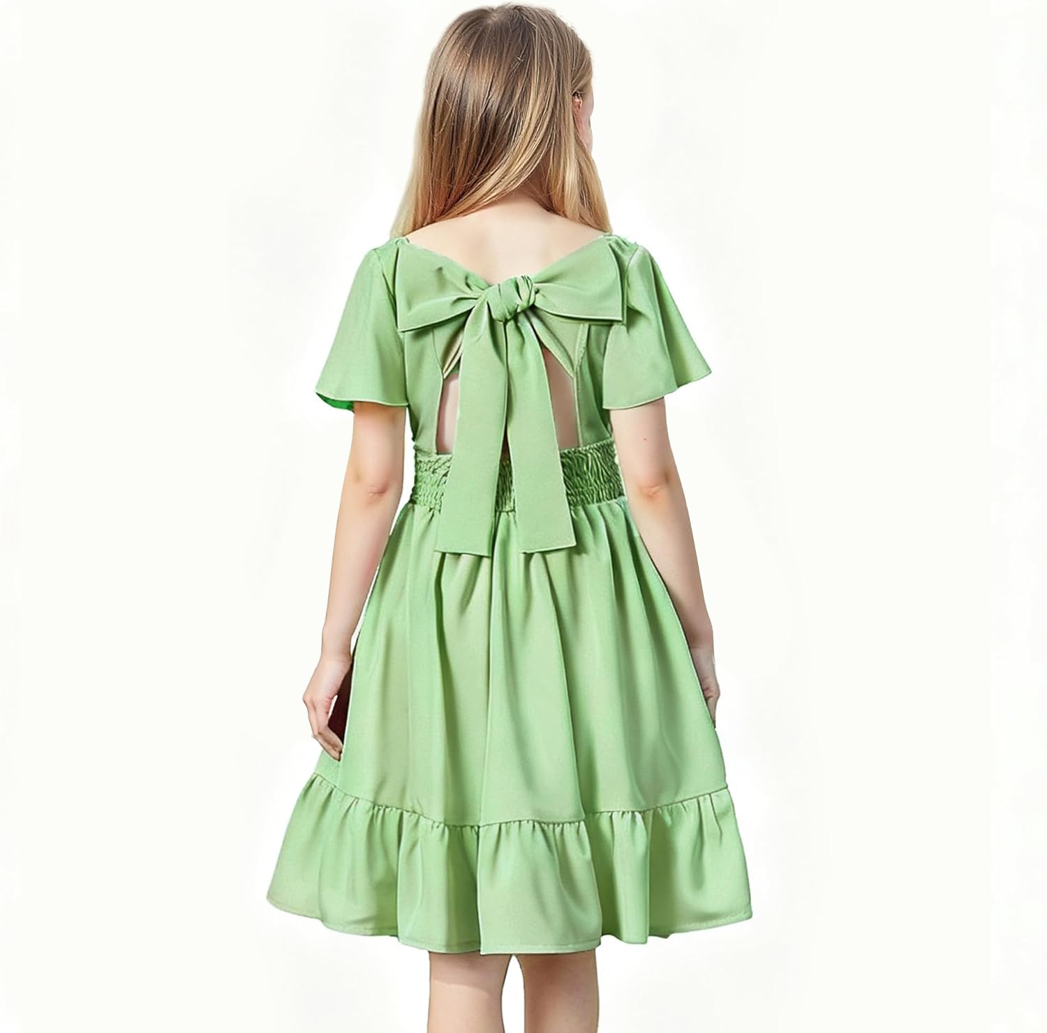 Magic Park 4-15Y Kid Flutter Sleeve Dress Square Neck Tie-Back Dresses Off Shoulder Dress Tween Girl Solid Color A-line Skirt - Image 2