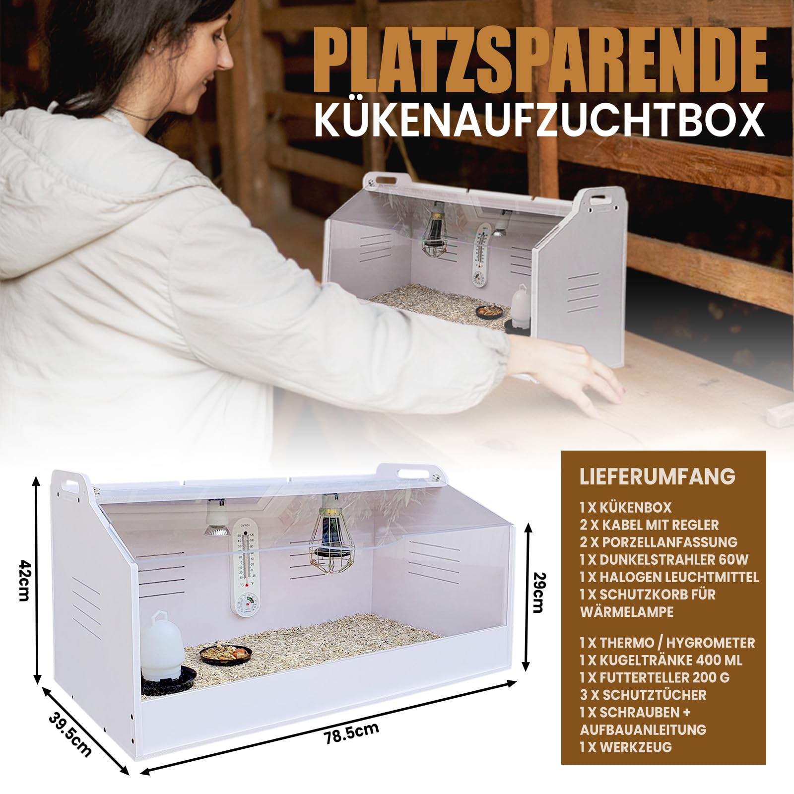 Breker Brutkasten Hühner [Komplettset] - Wärmelampe, Schutzkorb, Lichtquelle, Thermometer, Futterteller & Wassertränke | 80 x 40 x 40 cm | Kükenaufzuchtbox | Weiß