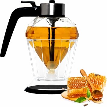 Honey Dispenser, Glass Honey No Drip Pot with Stand, 7 oz Bee-Themed Storage Jar, Maple Syrup Clear Container with Holder