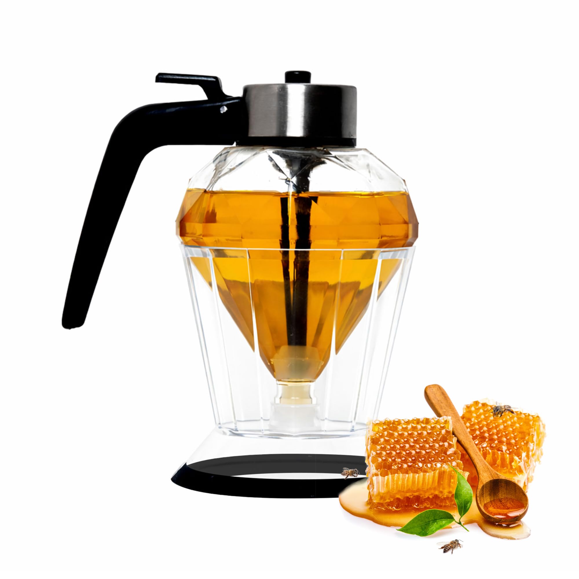 Trustic - Honey Dispenser, Glass Honey No Drip Pot with Stand, 7 oz Bee-Themed Storage Jar, Maple Syrup Clear Container with Holder