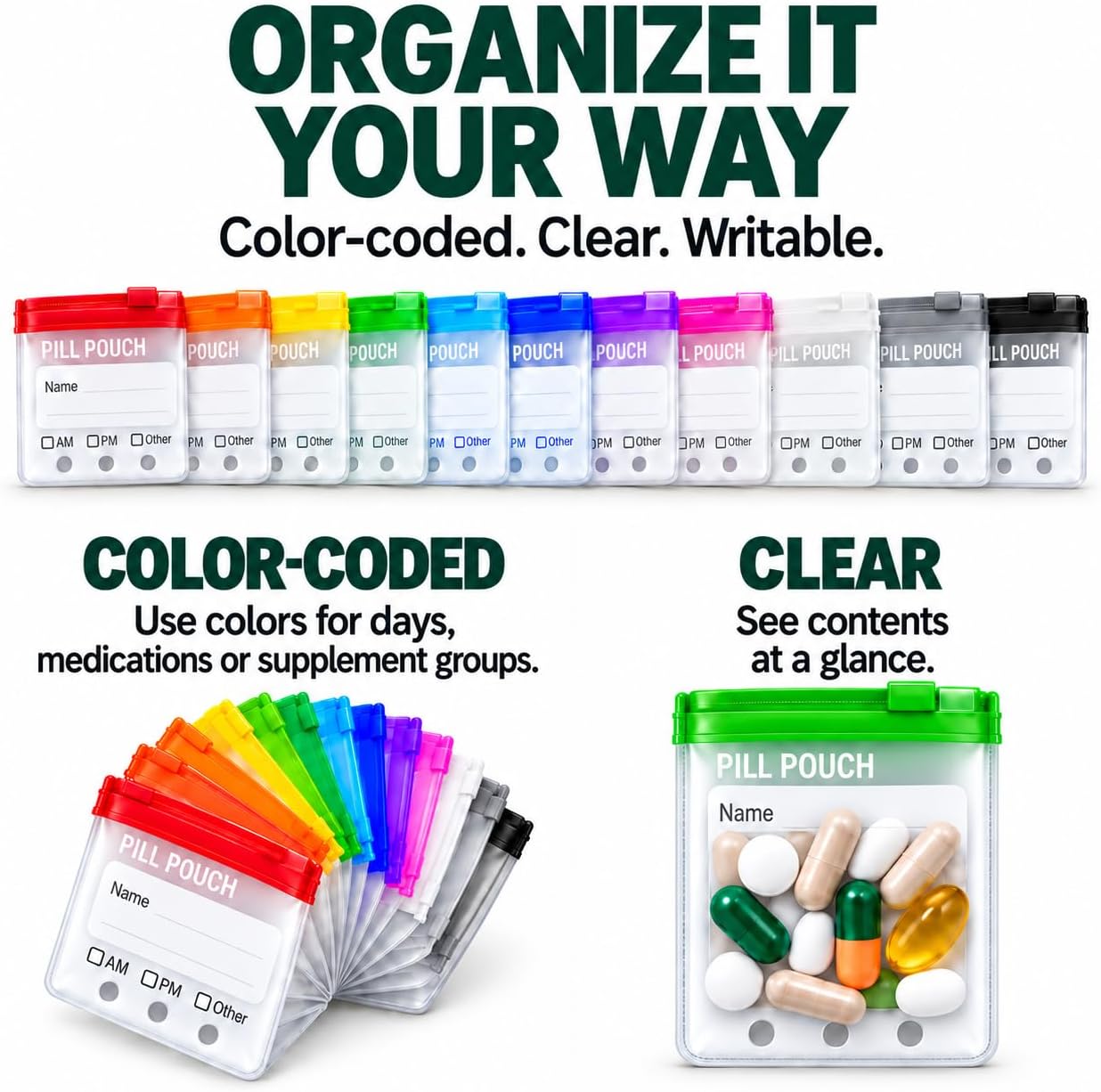 A8 Pill Organizer Bag, 14 Removable AM PM Pill Pouches for Travel
