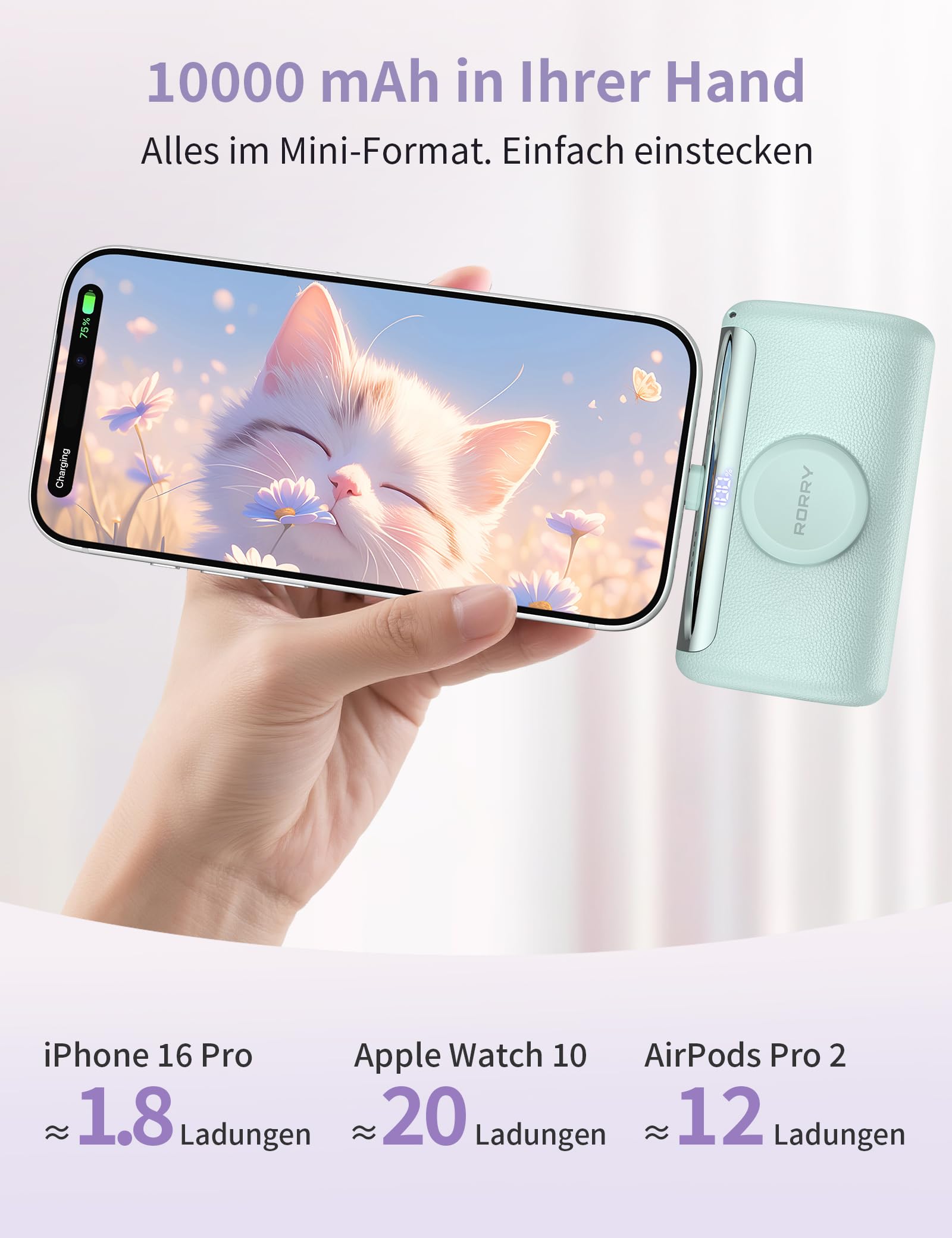 RORRY PalmGo Powerbank,10000mAh Mini Power Bank PD 22.5W Integrierter USB C