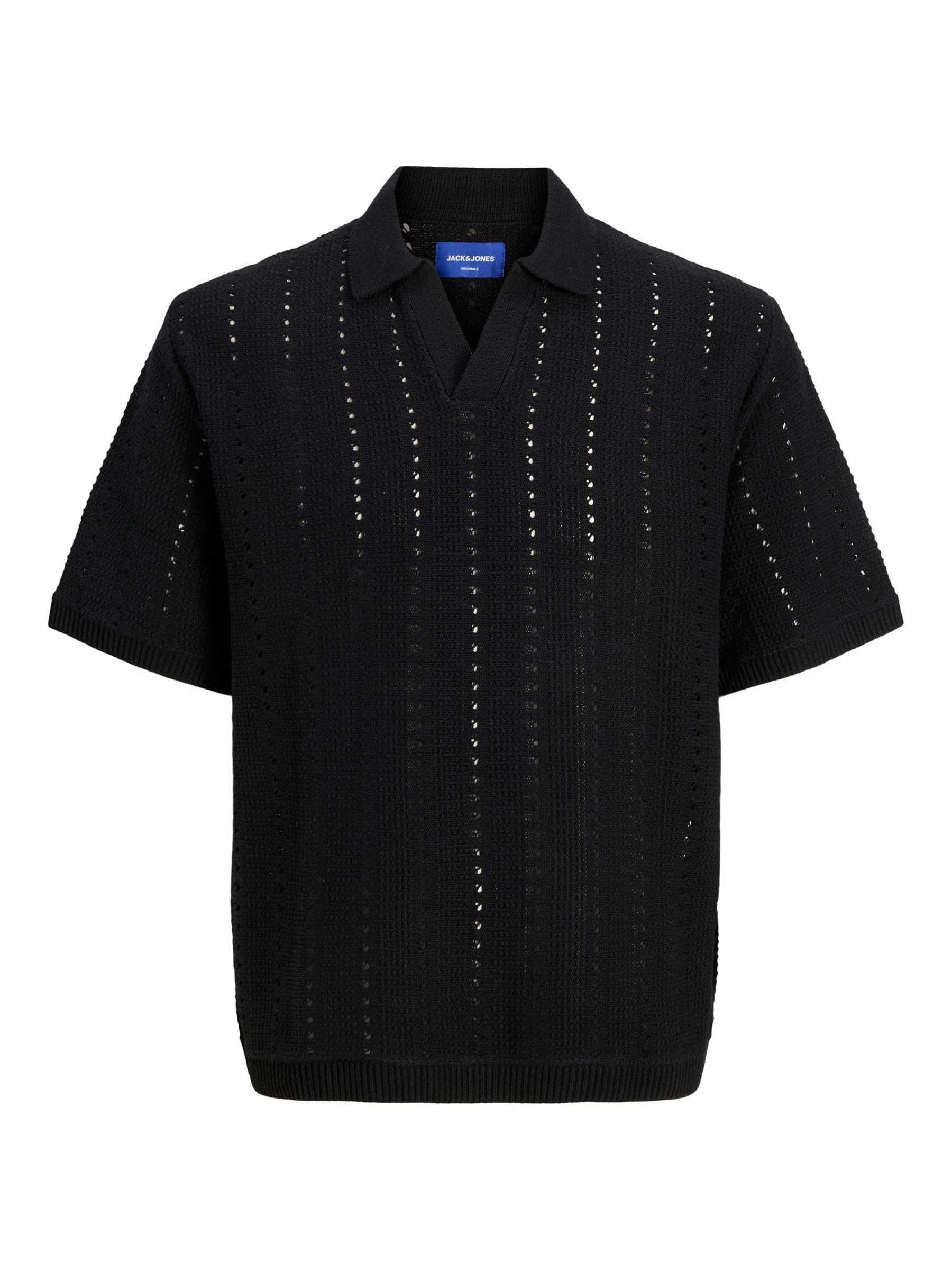 JACK & JONES Jorparos Knit Easter Ss Crochet Polo Shirt, Black, L