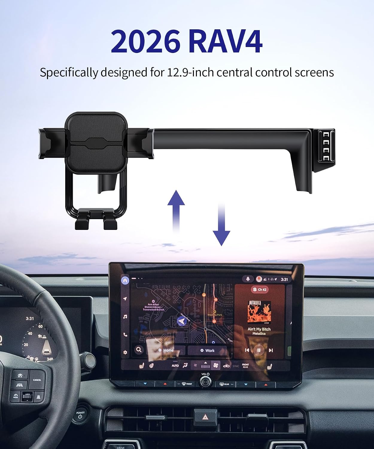 Auto Clamp Car Phone Holder for Toyota RAV4/Hybrid 2026, 12.9"Screen Mount image 2