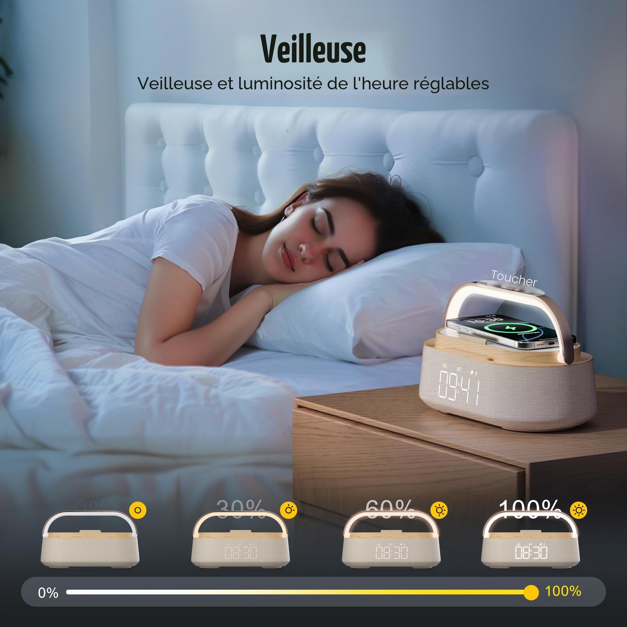 COLSUR Radio Reveil Digital avec Chargement sans Fil, Multifonctionnel Radio FM avec Port de Chargement USB, Réveil Matin Enceinte Bluetooth, Affichage LED, Lampe Cadeau Homme Femme