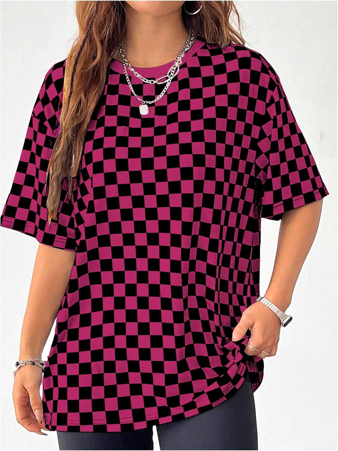 Milumia Women's Checkered Crew Neck Short Sleeve T Shirt Loose Fit Street Tops - Image 4