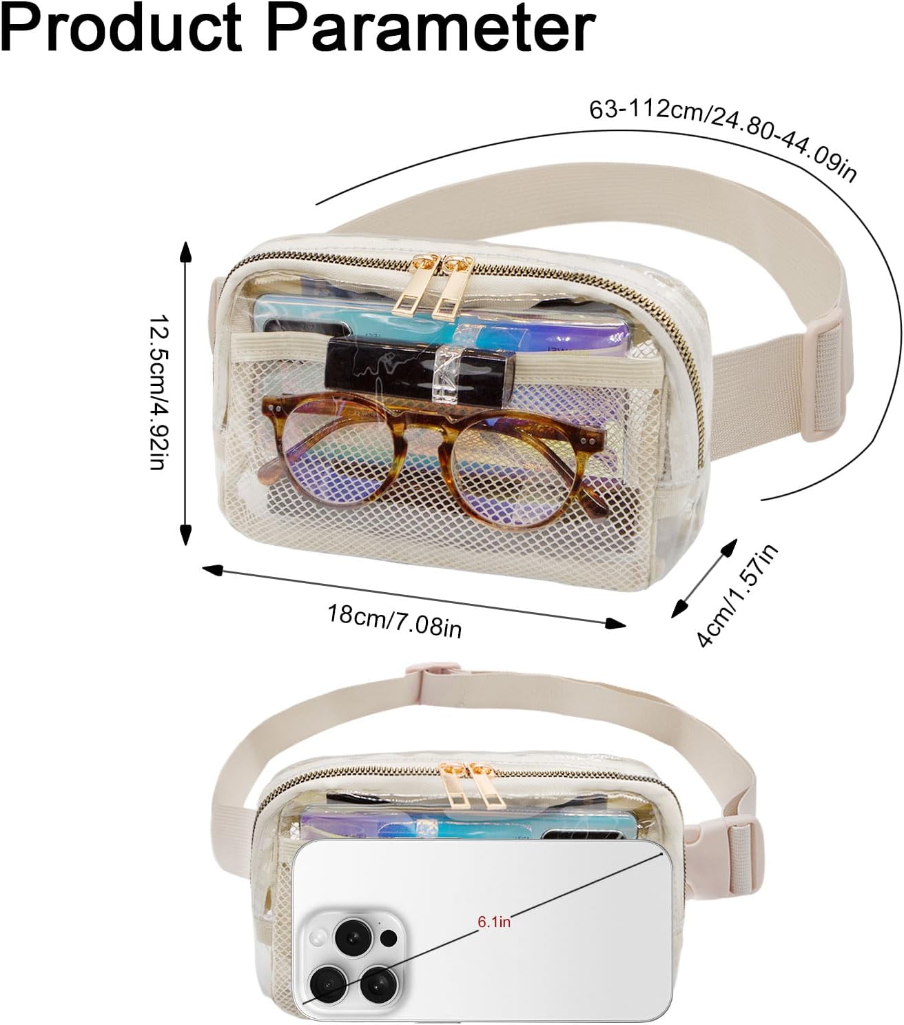 LJCZKA Clear Fanny Pack Belt Bag Stadium Approved for Women Men Clear Crossbody Bag Waist Bag with Adjustable Strap for Travel Hiking Running (Khaki)