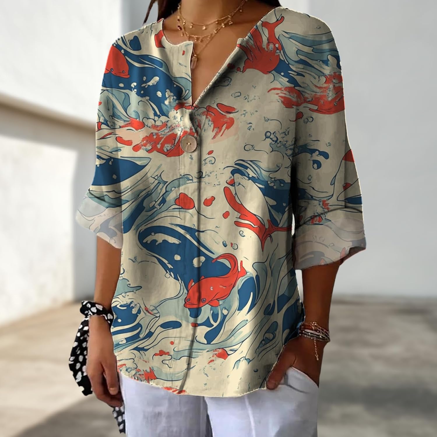 Classic Dressy Floral Blouse for Women Fashion Relaxed V Neck 3/4 Length Sleeve Flowy Casual Trendy Work Summer Tops - Image 3