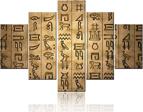 Miniatura 15 de Lienzo egipcio de 5 paneles, arte para pared, símbolos jeroglíficos en la pared, cuadros vintage de Egipto para sala de estar, impresiones HD, obras