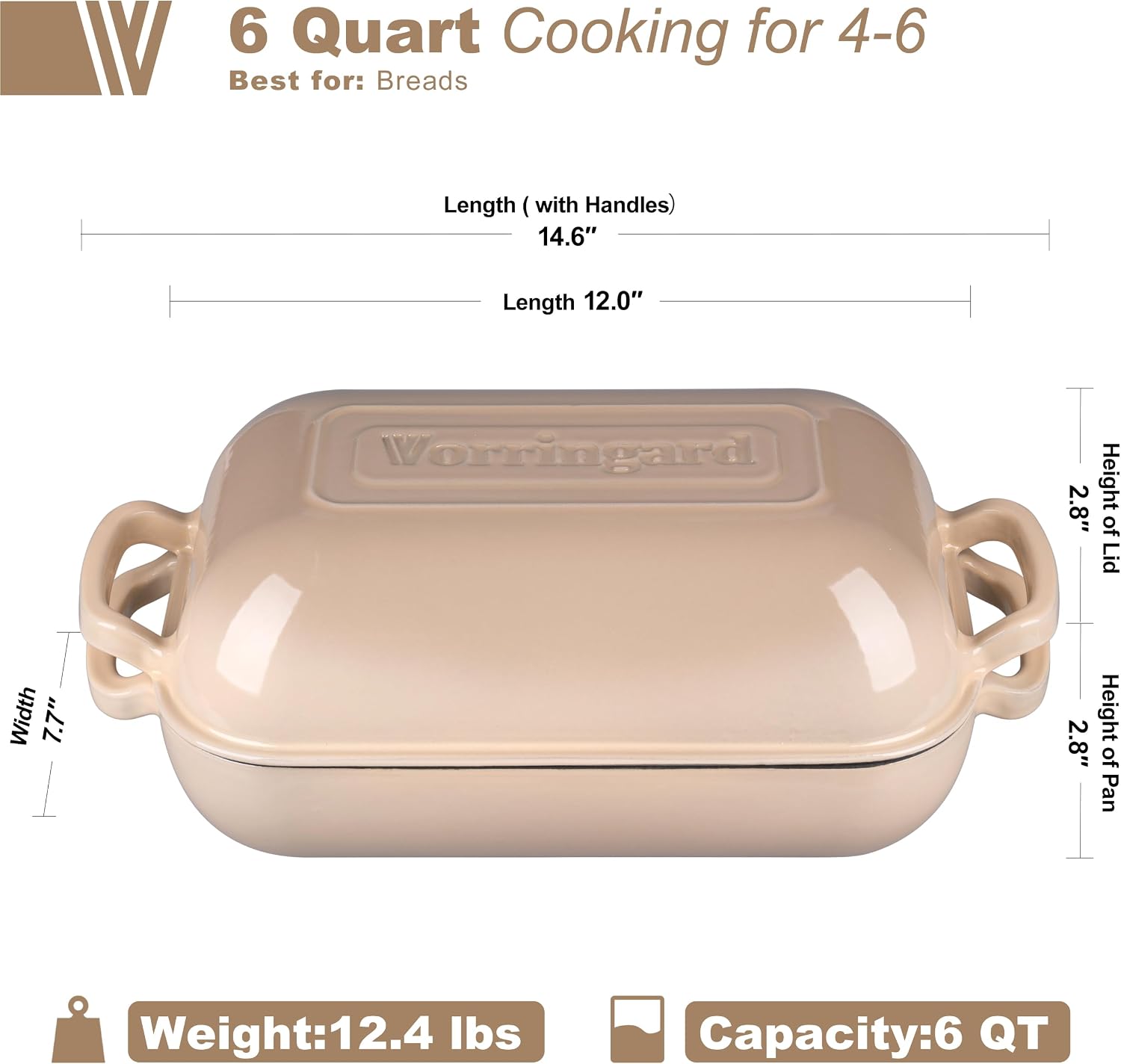 VORRINGARD Large Cast Iron Dutch Oven Dome Pot with Lid, Enameled Bread Oven, Bread Pan for Homemade Sourdough Bread Baking, 6QT, Latte
