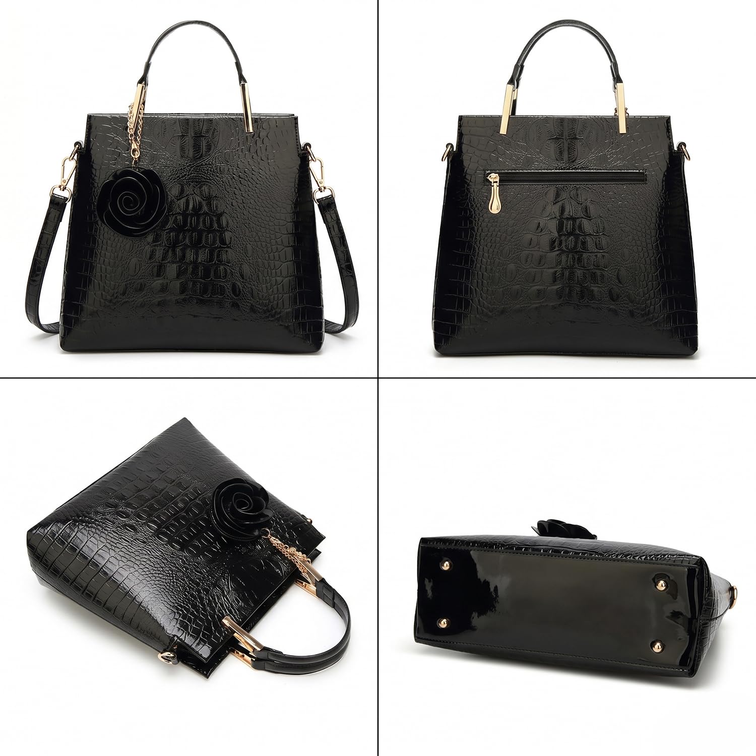 Bolsos de Mano con Bandolera en Cuero de Patente de PU para Mujer Bolso de Hombro Bolsos Bandolera Bolso de señora con Estampado de Piel de cocodrilo para Mamá Marrón