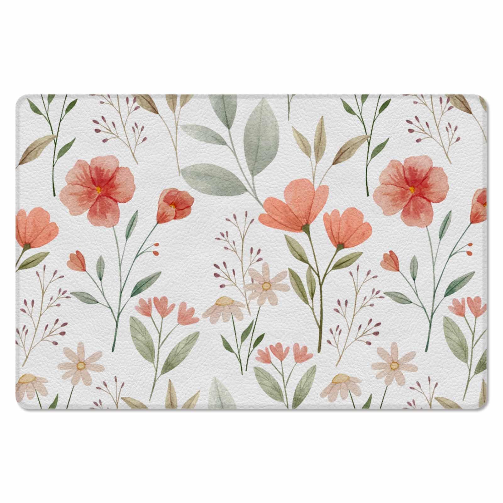 Botanical Wildflower Kitchen Bath Door Mat Cushioned Runner Rug,Washable Welcome Floor Sink Antifatigue Mat,Waterproof & Non-Slip Comfort Standing Doormat,Watercolor Floral Flower Leaves 24