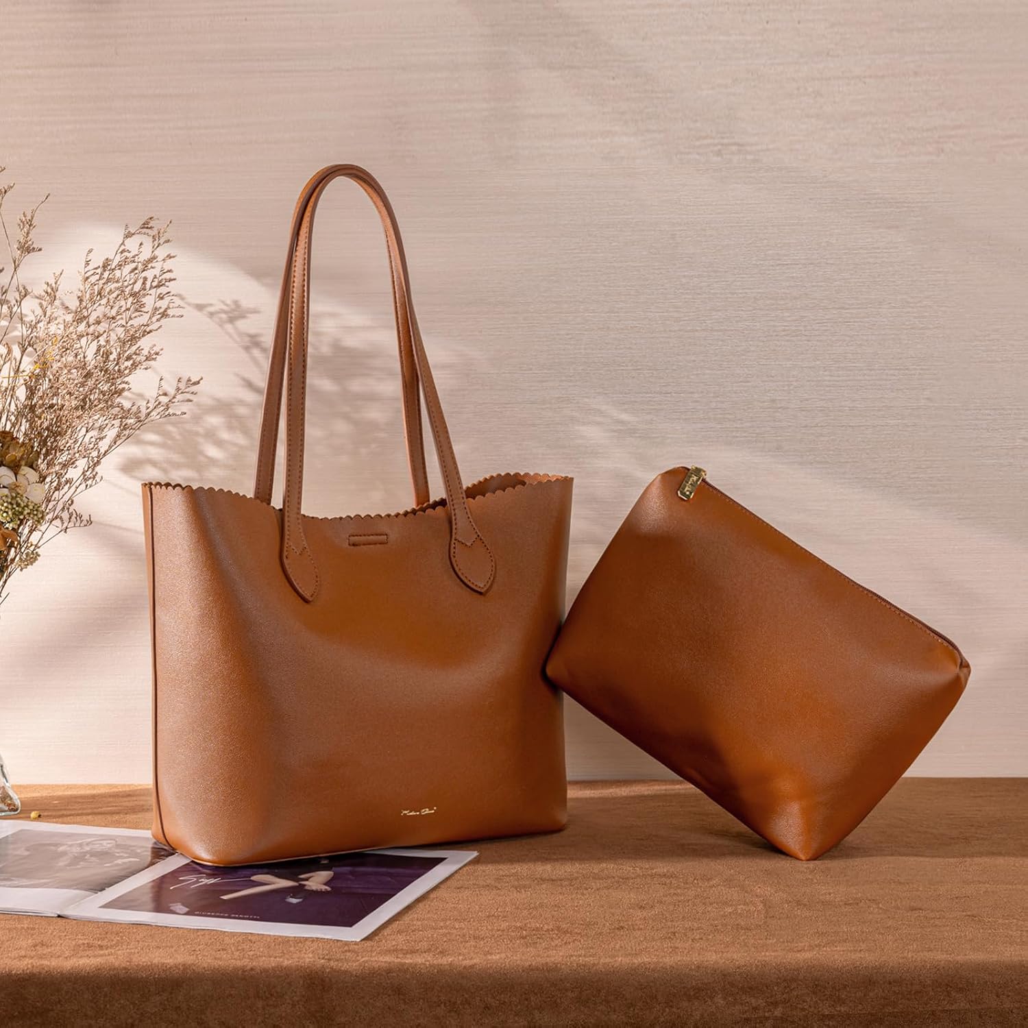Tote Bag for Women, Large Soft Vegan Leather Handbag with Zipper, Lightweight Shoulder Bag with Matching Pouch, 2-Piece Set