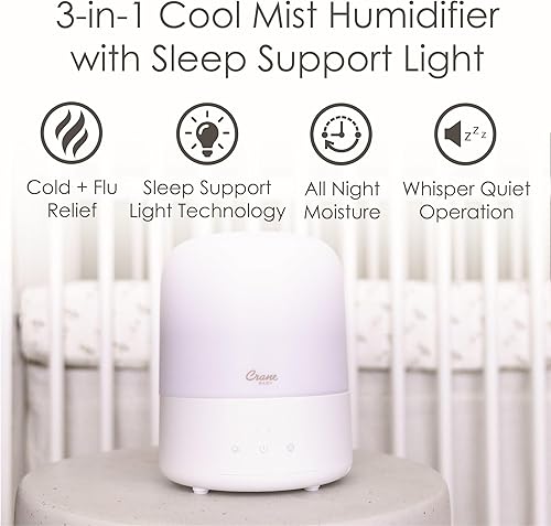 Miniatura 4 de Crane Baby Humidificador 3 en 1 para bebé, difusor de aroma con luz nocturna ajustable, apagado automático, humidificador para guardería, difusor de