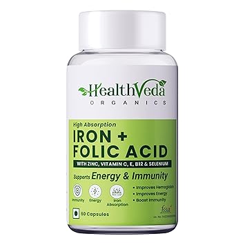 HEALTH VEDA ORGANICS PRIVATE LIMITED Chelated Iron Folic Acid Supplement With Zinc, Vitamin C & B12, Zinc & Spinach Leaves | Hemoglobin, Boost Immunity & Maintains Iron Level | 60 Vegan Capsules - image, photos