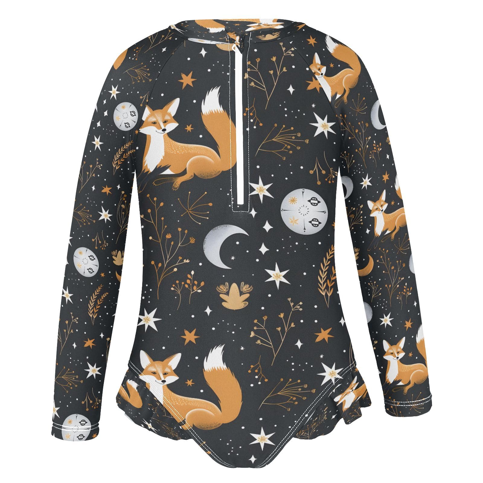 Fox on Night Girls Long Sleeve Swimsuits One Piece Zipper Bathing Suit UPF 50+ Rashguard Swimwear