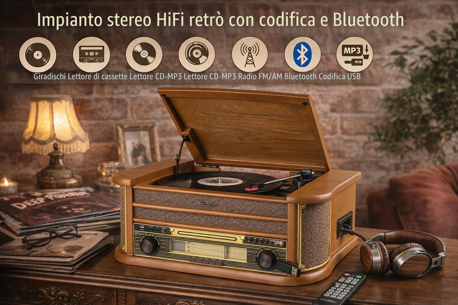 Reflexion HiF2002, impianto HiFi retrò con codifica (2 x 40 Watt), giradischi semiautomatico, effetto legno, funzione codifica, riproduzione MP3 tramite CD e USB