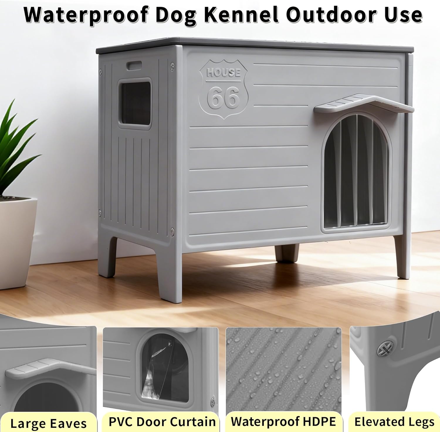 Rockever Dog House Outdoor Indoor for Small Medium Dogs, Plastic Elevated Outdoor Dog House Waterproof Dog Kennel with Window, Easy Clean and Assemble(M)