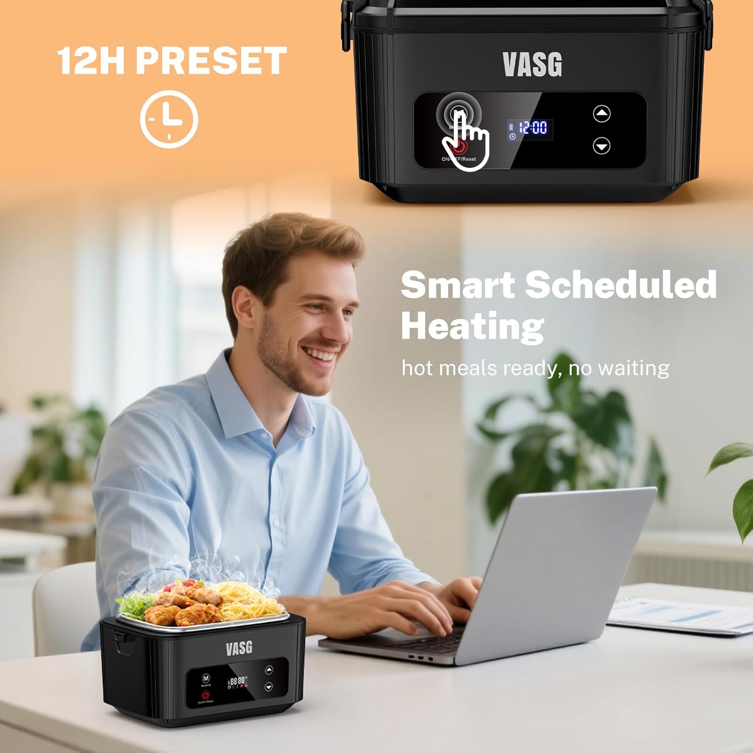 VASG 2026 Upgraded Cordless Heated Lunch Box for Adults, XXL 5.1-Cup Electric Lunch Box with 360° Surround Rapid Heating, 12000mAh Portable Food Warmer with Timer, LCD Display for Office & Car