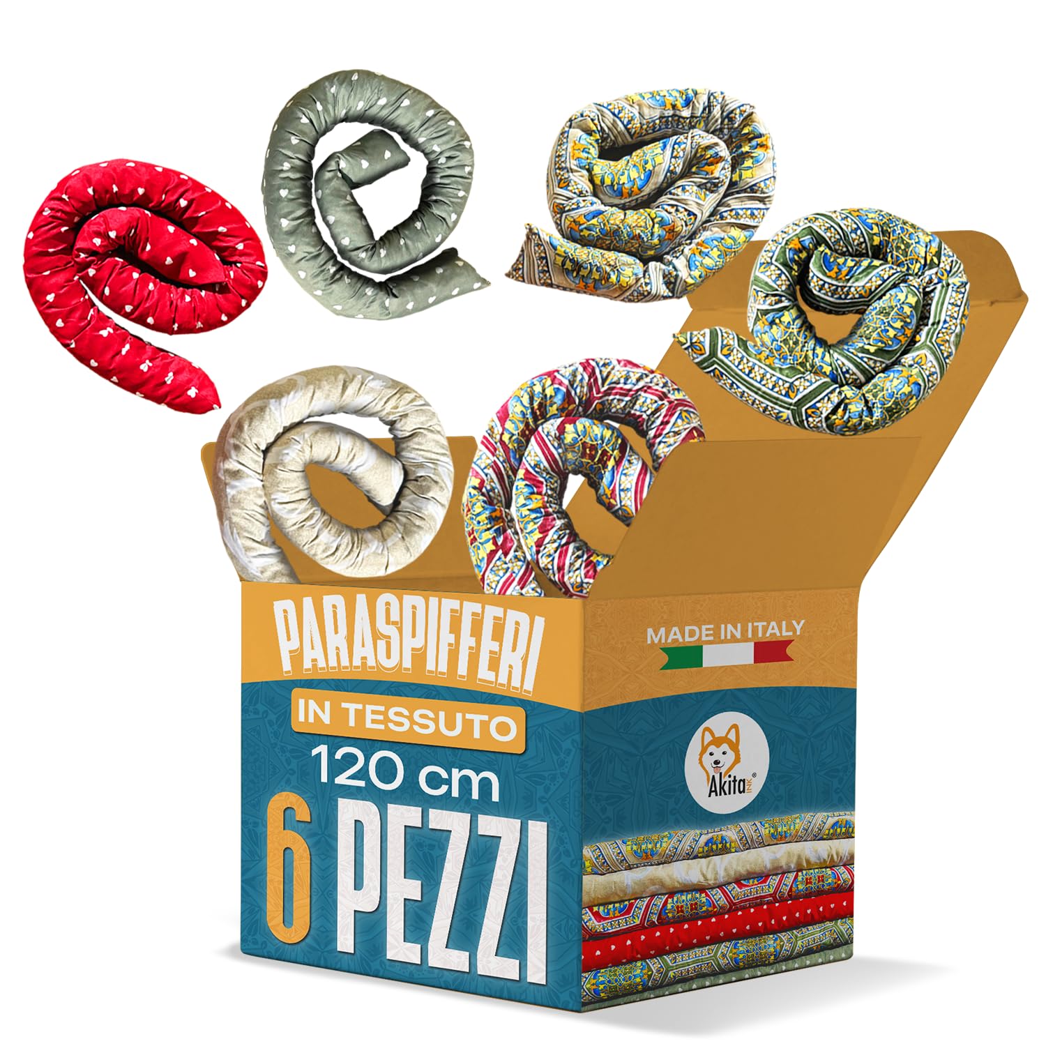 Akitaink Set 6 Paraspifferi in cotone, paraspifferi sottoporta, Parafreddo Imbottiti per Porte e Finestre, 120 cm, Made in Italy - Risparmio Energetico e Protezione Completa