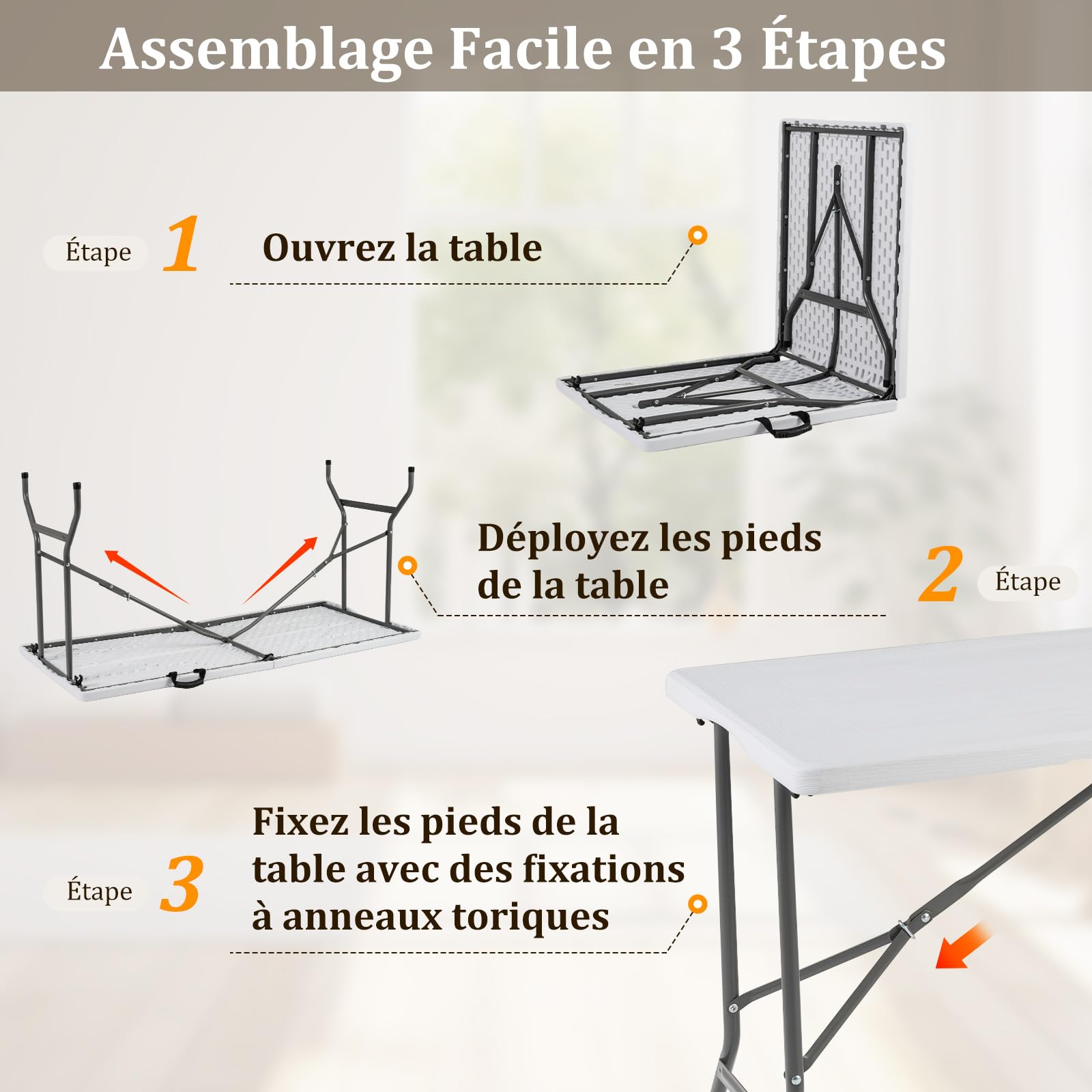 COSTWAY Table de Camping Pliante de 152 cm, Table de Pique-Nique pour 4 à 6 Personnes Plateau en PEHD Poignée de Transport, pour Camping Barbecue Fête (Blanc)