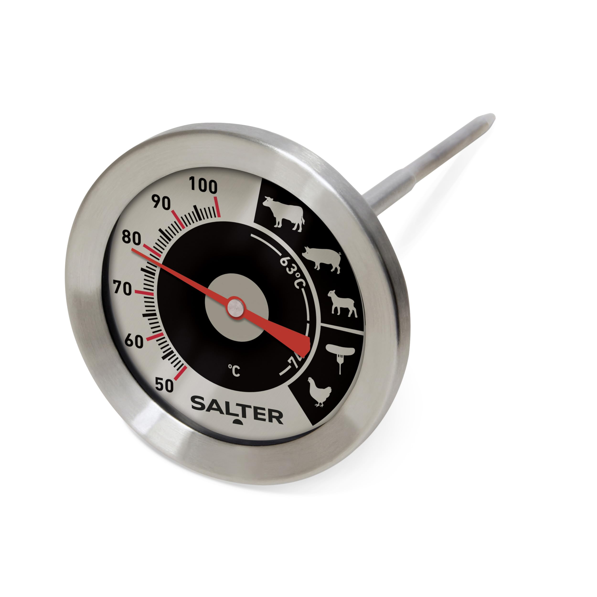 Salter Analogue Meat Thermometer - Air Fryer Thermometer Probe, BBQ Grilling, Roasts, Stainless Steel, Easy Read Glass Lens, Temp Range 50°C - 100°C, Bi-Metal Sensor, Indoor, Outdoor Use