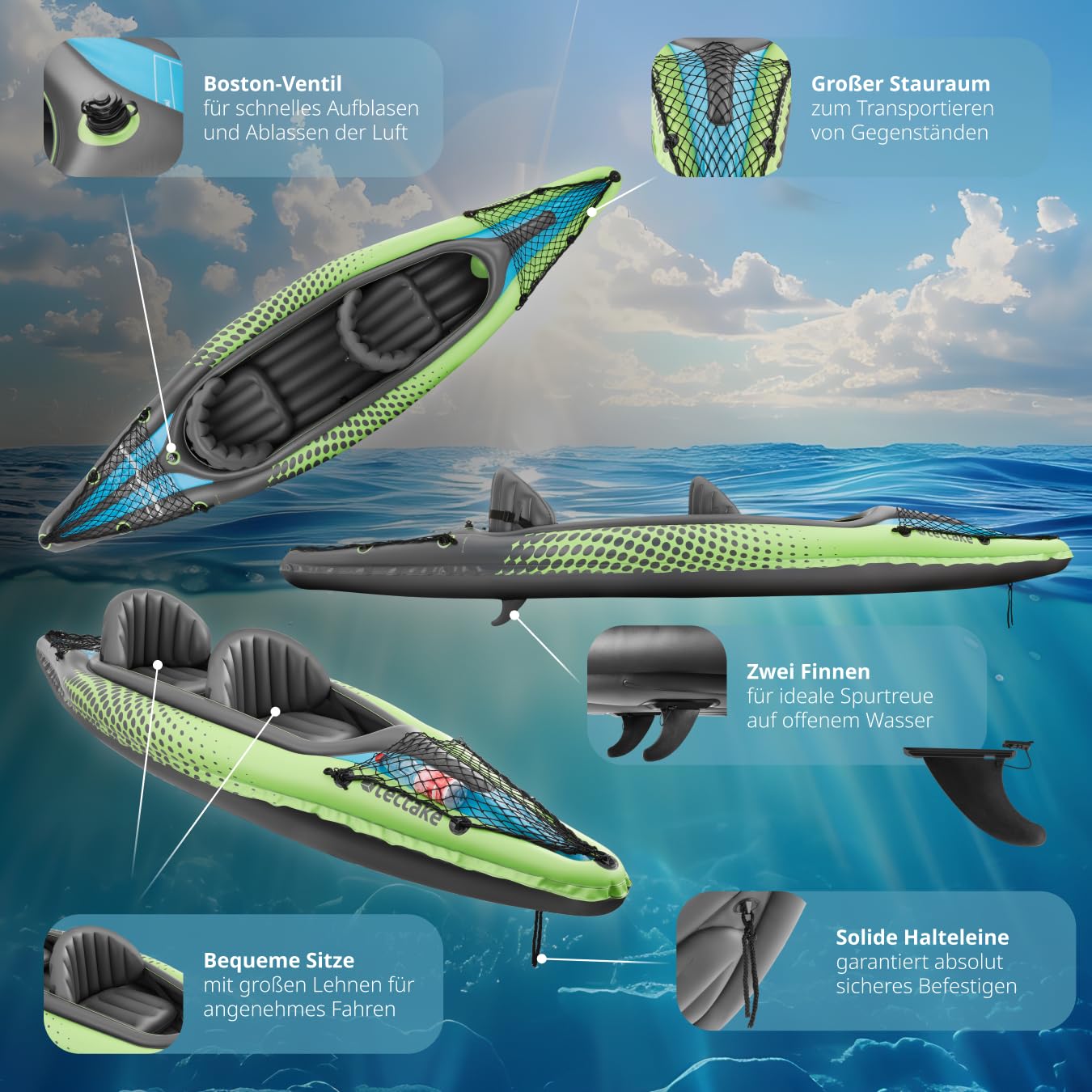 tectake® Kajak Boot aufblasbar, aufblasbares Kanu Paddelboot für 2 Personen mit 2X Doppelpaddel und Zubehör 2X Sitz, Pumpe, Transporttasche, für Wassersport, Freizeit, als Angelboot, Ruderboot